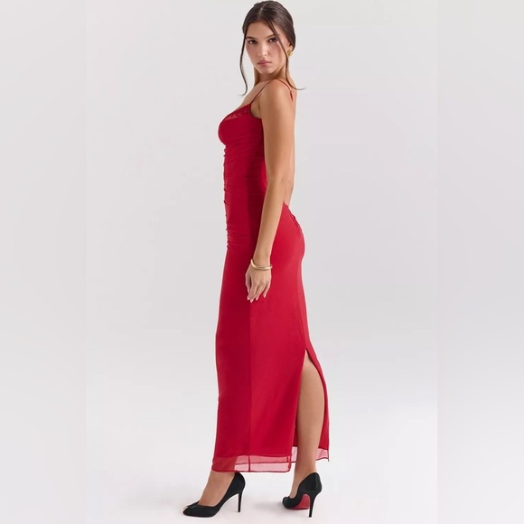 HOUSE OF CB 'Nalini' Holly Red Mesh Corset Maxi Dress - Picture 2 of 4